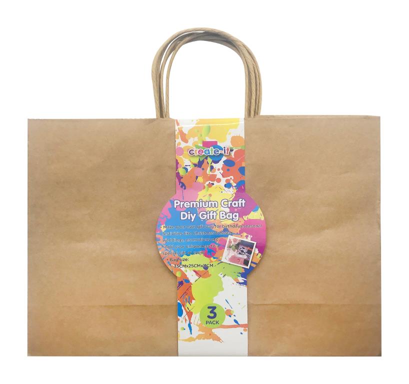 3PK DIY Brown Gift Bags - 35cm x 25cm x 5cm
