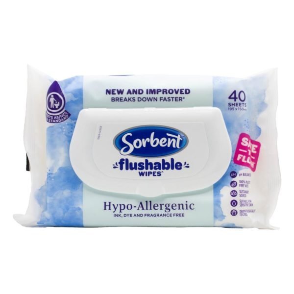 Sorbent Flushable Wipes Hypo-Allergenic Non-Scented 40 Sheets