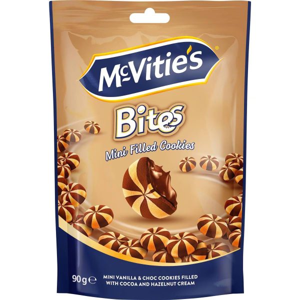 Mcvities Bites 90g Mini Filled Cookies Vanilla & Choc Cookies Filled With Cocoa And Hazelnut Cream