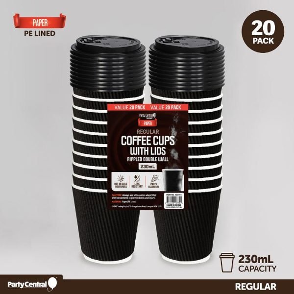 Paper Coffee Cup Rippled Double Wall With Lid 230mL 20pk (Medium)