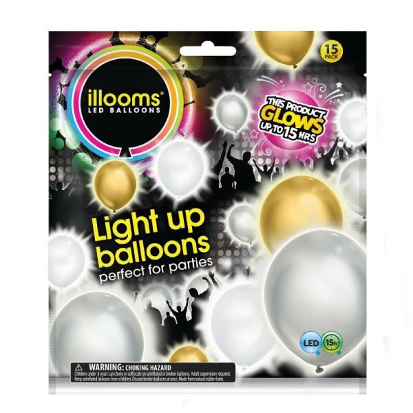 illooms Light-Up LED Balloon 15 Pack - Gold/Silver/White