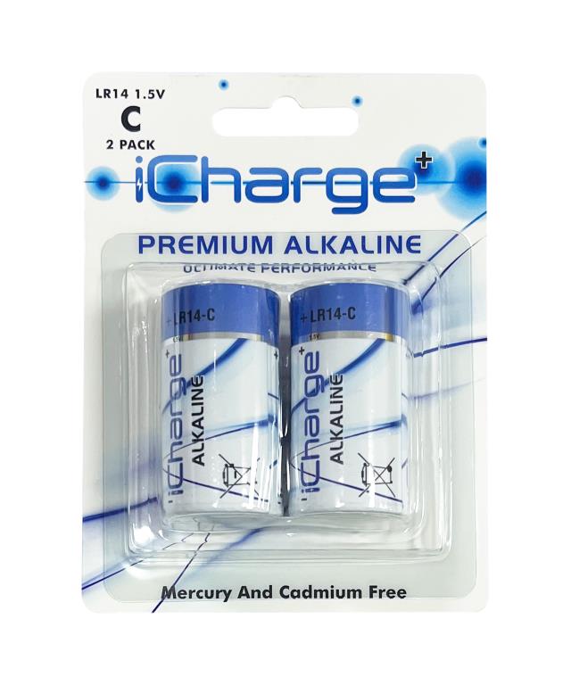 2PK iCharge Premium Alkaline C Size Batteries