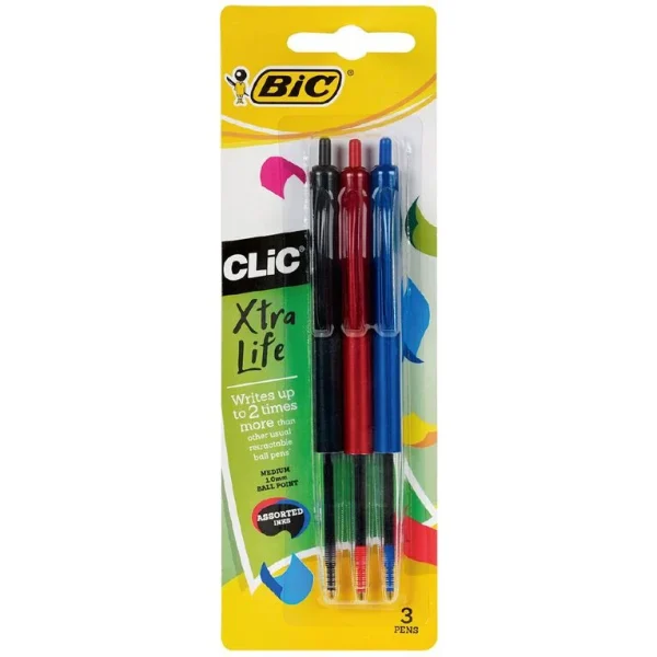 Bic Clic Ball Point Pen - Assorted - 3 Pack