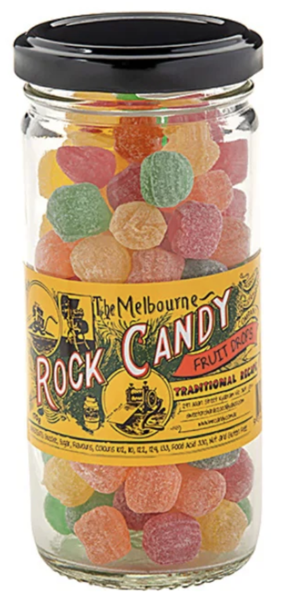 The Melbourne Rock Candy Fruit Drops Glass Jar 170g