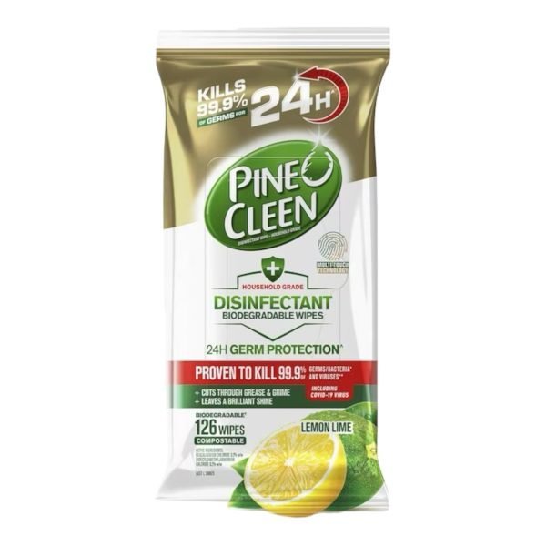 Pine O Clean Pk126 Disinfectant Wipes Biodegradable 24H Germ Protection Lemon Lime