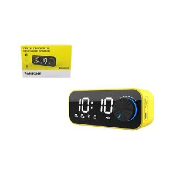 Pantone Digital Clock with Bluetooth Speaker - Yellow / Micro SD Card/ Type C Charging input/ Long lasting battery