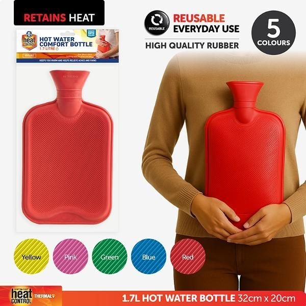 Hot Water Bottle 1.7L 32cm x 20cm Blue, Red, Yellow, Green & Pink
