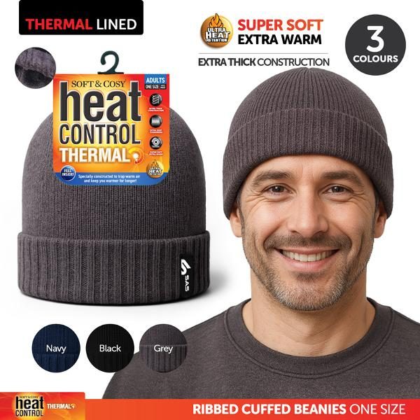 Beanie Adults Heat Control Thermal Lined Ribbed Cuff Black, Navy & Grey