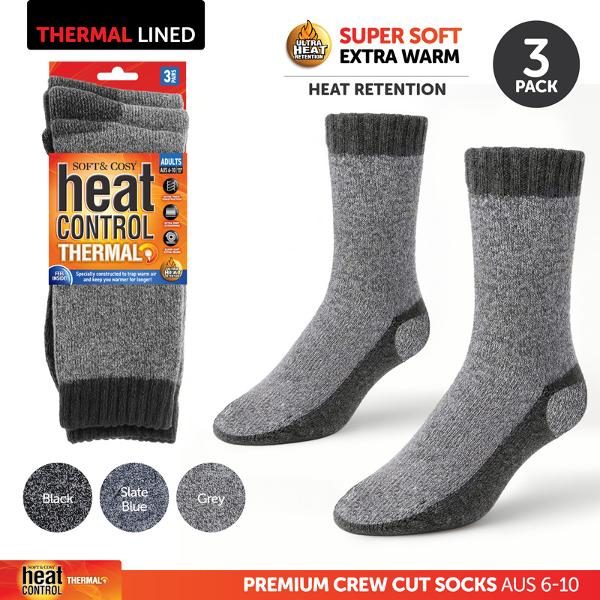 Socks Mens Heat Control Thermal Crew Cut 3pk Black, Grey & Navy