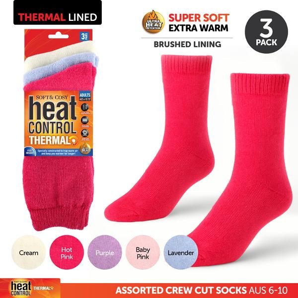 Socks Womens Heat Control Brushed Lining Crew Cut 3pk 3 Assorted Colours