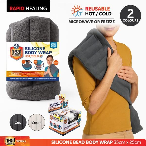 Hot or Cold Silicone Bead Body Wrap With Straps 35cm x 25cm Grey & Cream