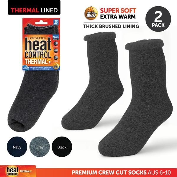 Socks Mens Heat Control Brushed Lining 2pk Crew Cut Navy, Grey & Black