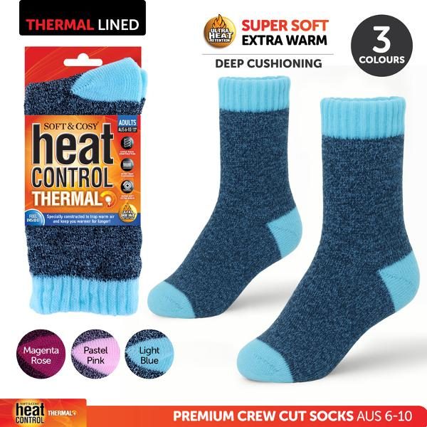 Socks Womens Heat Control Thermal Crew Cut Coloured Pink, Mint Green & Purple