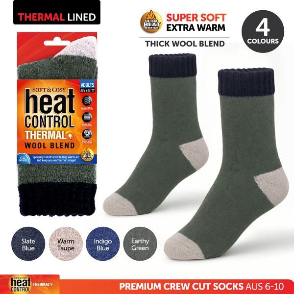 Socks Adults Heat Control Premium Thermal Thick Wool Blend Crew Cut 4 Assorted