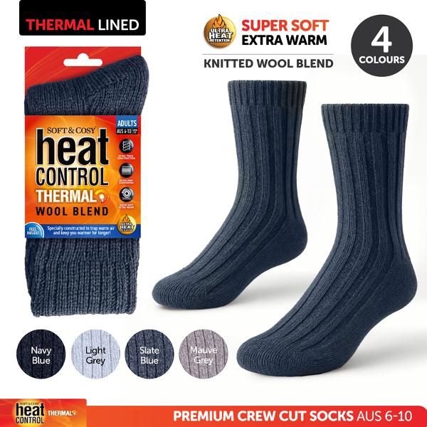 Socks Mens Heat Control Premium Thermal Knitted Wool Blend Crew Cut 4 Assorted