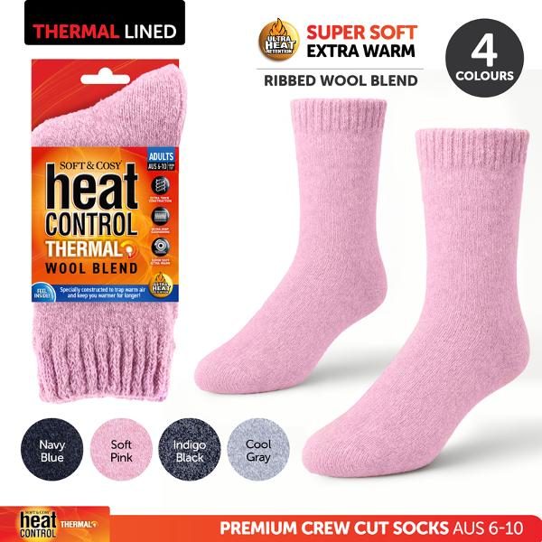 Socks Adults Heat Control Premium Thermal Ribbed Cuff Wool Blend Crew Cut 4 Assorted