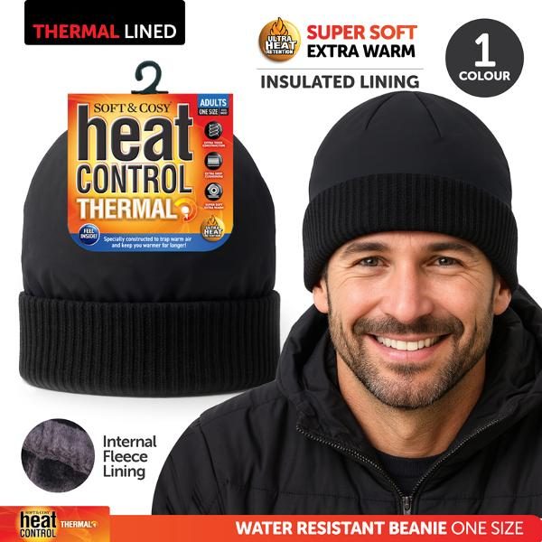 Beanie Mens Heat Control Thermal Lined Water Resistant Black