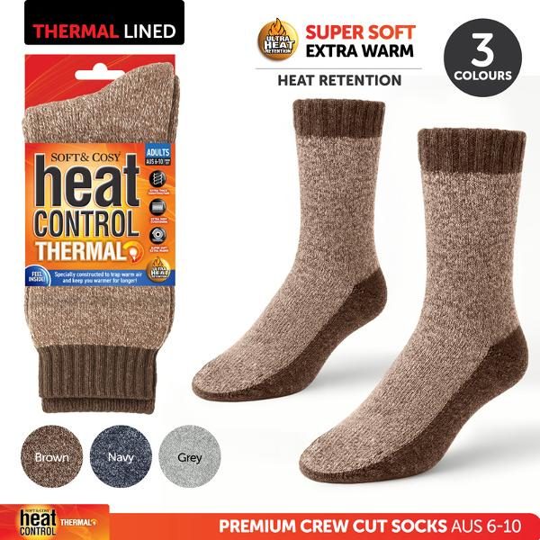 Socks Mens Heat Control Thermal Crew Cut 3 Asst Colours, Brown, Navy & Grey