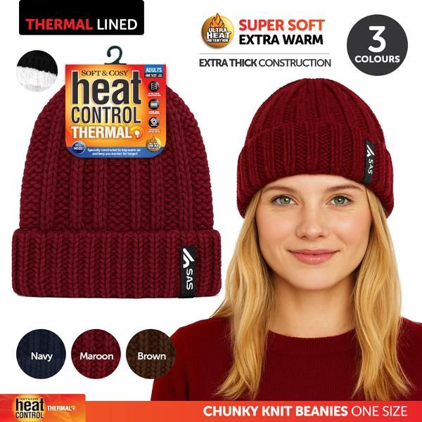 Beanie Womens Heat Control Thermal Lined Chunky Ribbed Knit Navy Blue, Brown, Maroon