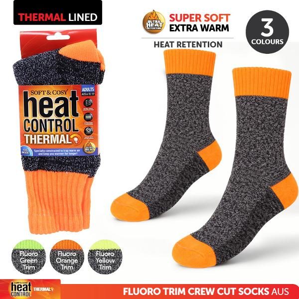 Socks Mens Heat Control Thermal Crew Cut 3 Asst Colours, Fluoro Trim (Green, Yellow & Orange)