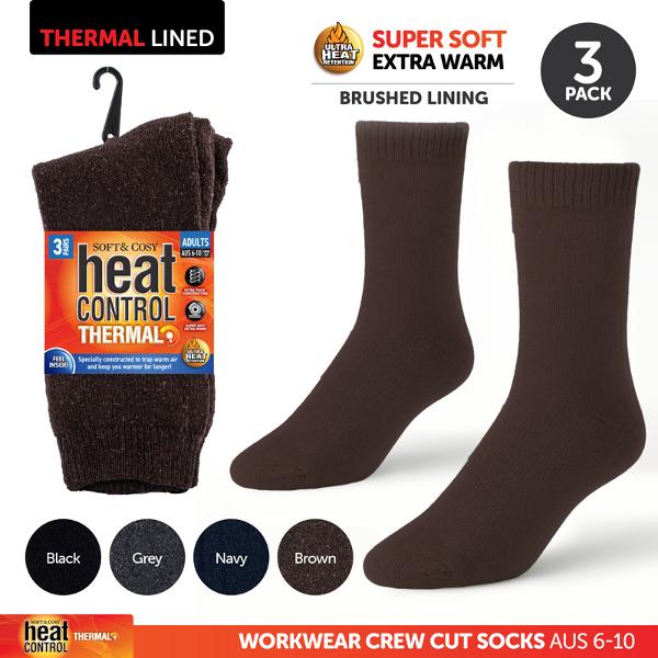 Socks Mens Workwear Thermal Crew Cut 3pk Black, Grey, Navy & Brown
