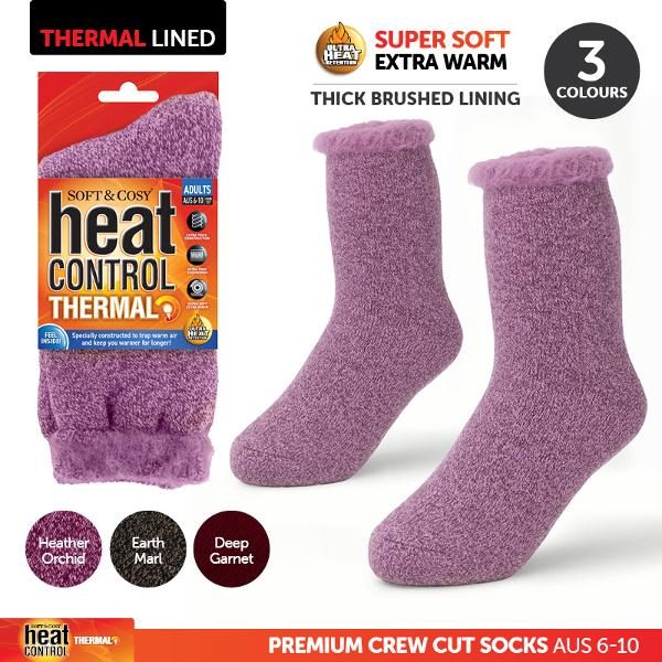 Socks Adults Heat Control Premium Thick Brushed Lining Crew Cut Brown, Maroon & Purple