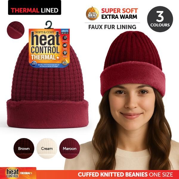 Beanie Adults Heat Control Thermal Lined Slouch Fringe Faux Fur Assorted Colours