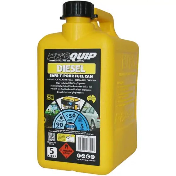 Pro Quip 5L Plastic Safe-T-Pour Fuel Can - Yellow Diesel