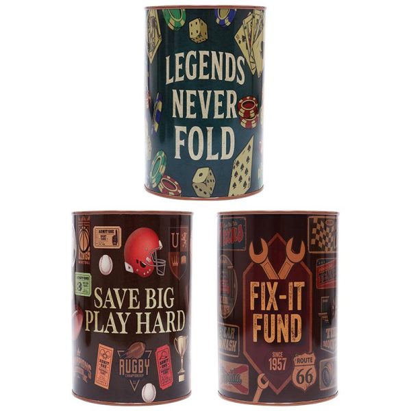 Money Tin Man Cave Passions Collection Design 3 Assorted Designs ( Poker, Cars, Sports) 10cm x 15cm