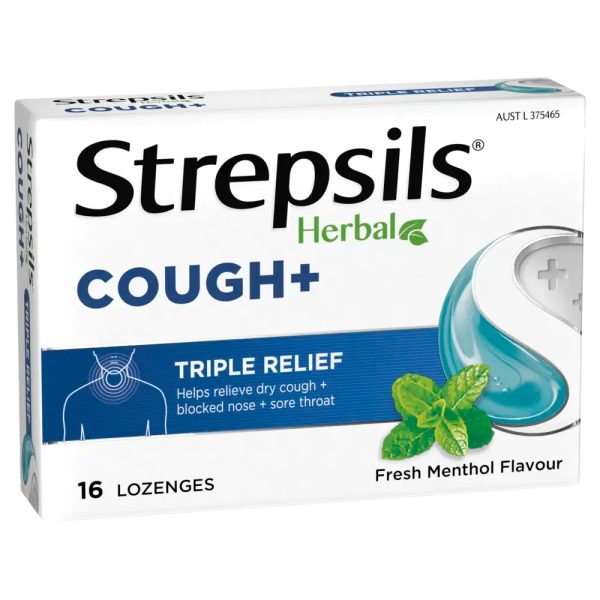 Strepsils PK16 Lozenges Cough+ Herbal Triple Relief Fresh Menthol Flavour