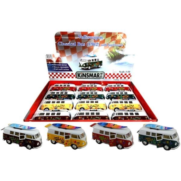 1962 Volkswagen Kombi Flower Power with Surfboard – Die-Cast Pull Back 13cm